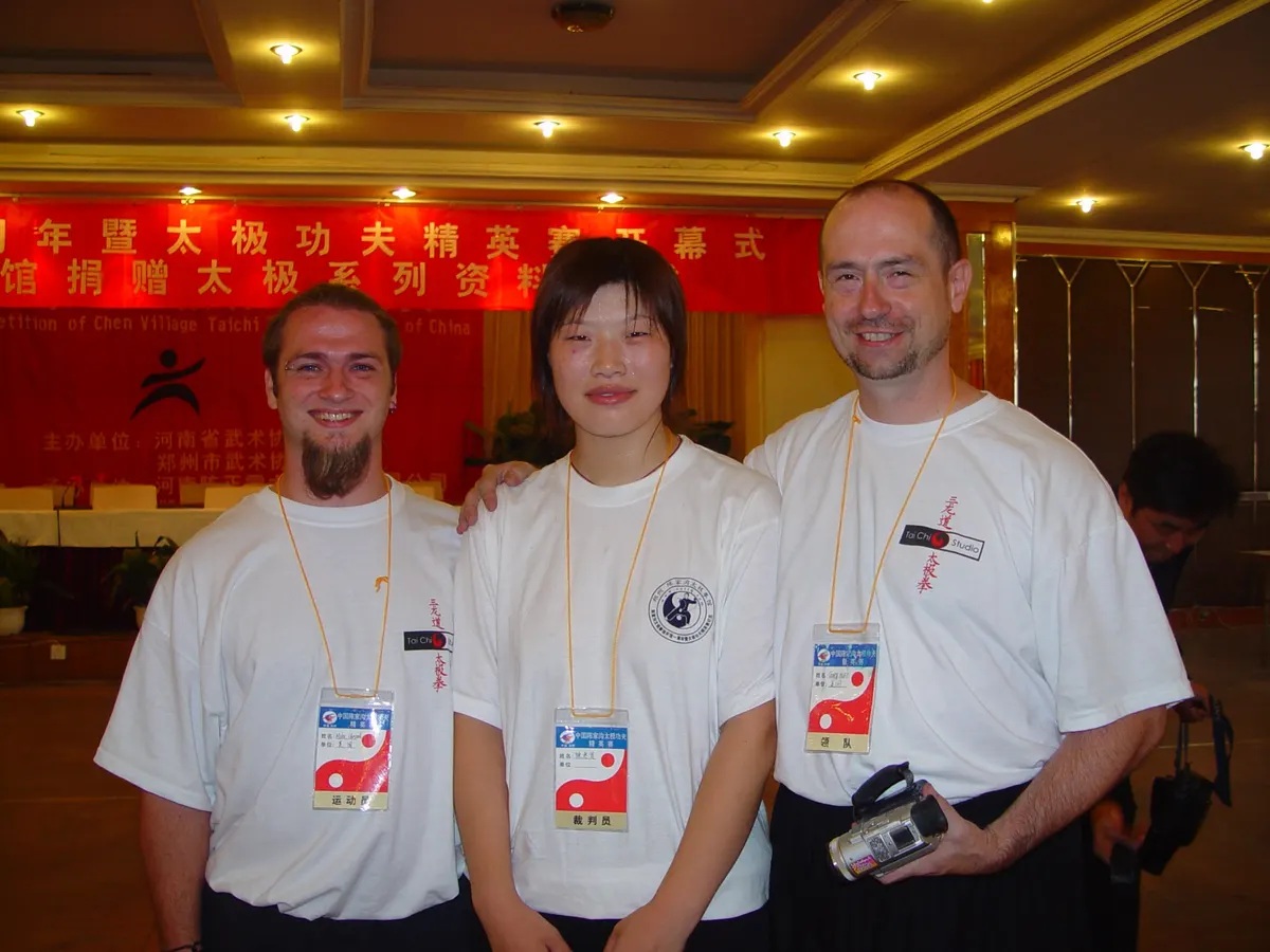 Michael Chritton, Master Chen Huixian, and Gary Huff at Chen Zhenglei's 2004 Taijiquan Elite Training Camp in Zhengzhou, China