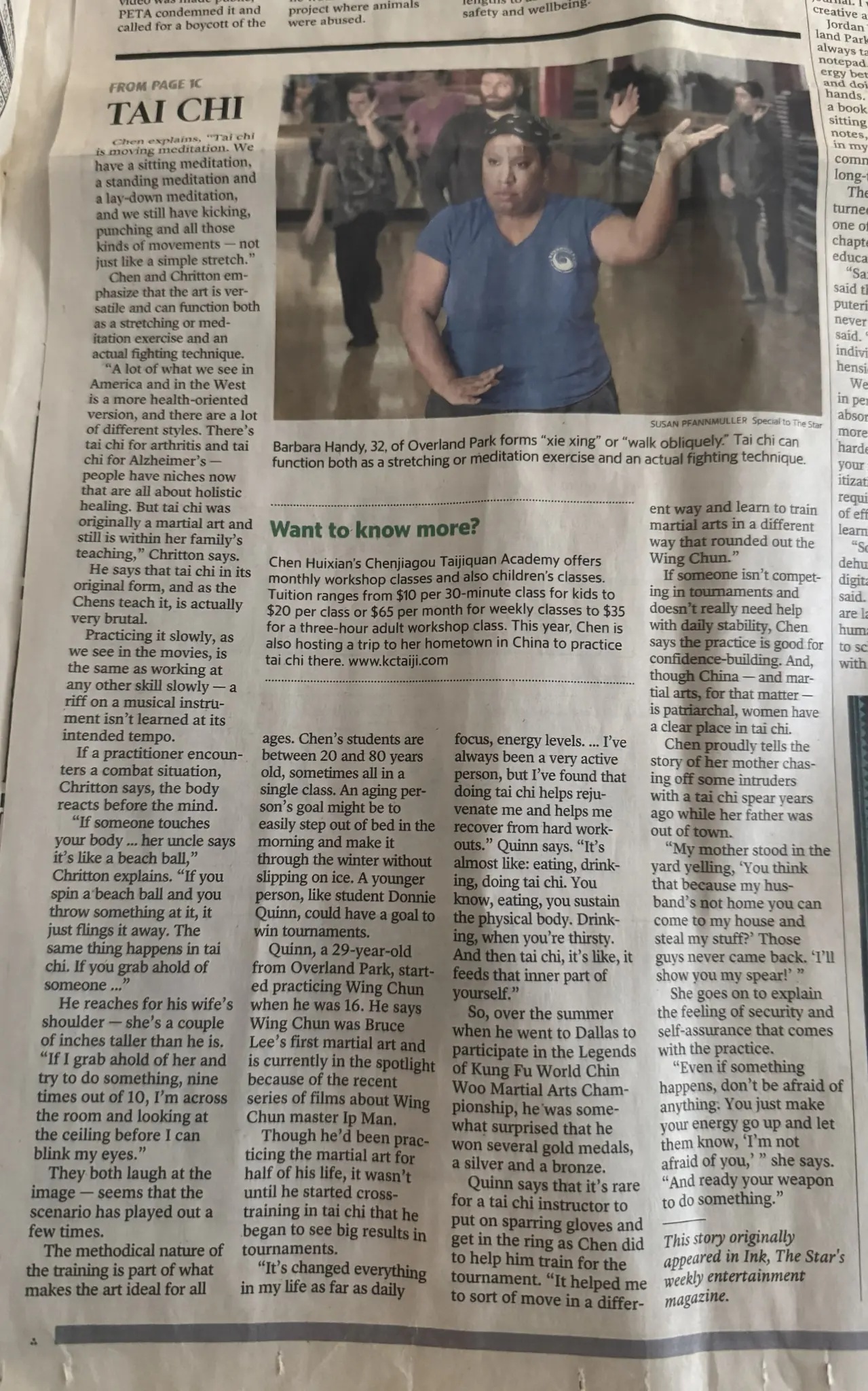 Second page of the January 22, 2017 Kansas City Star feature It's not what you think: Tai chi's many functions