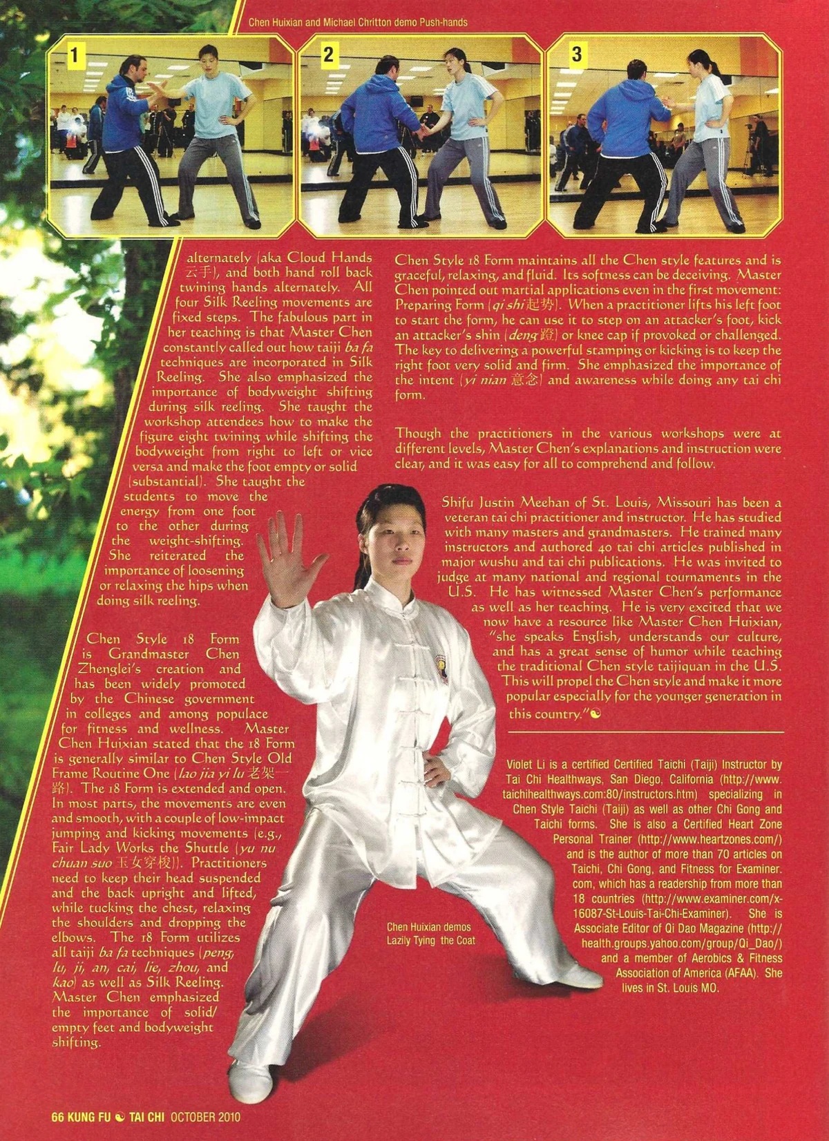 Original page 66 of The Phoenix from Chen Village showing Chen Huixian and Michael Chritton demonstrating push hands and Chen Huixian demonstrating Lazily Tying the Coat
