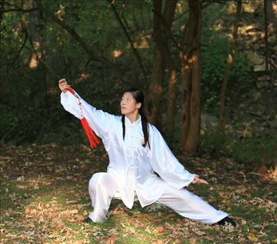 Chen Huixian performing a traditional weapon posture outdoors in an archival SCANews image